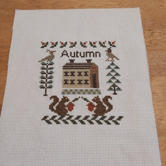 Finished completed Cross Stitch Autumn Squirrels 8 X 10 - Picture 1 of 1